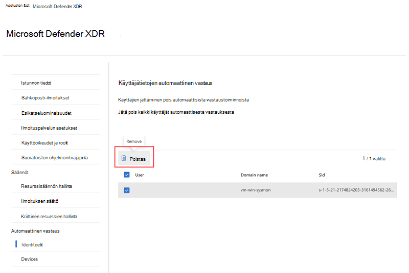 Poistovaihtoehdon korostaminen poissuljetun käyttäjän poistamisen yhteydessä hyökkäyshäiriöiden automaatioasetusten Käyttäjätiedot-sivulla