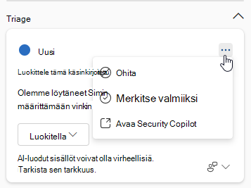 Näyttökuva, jossa näkyvät käyttäjien käytettävissä olevat vaihtoehdot Copilot-sivupaneelin ohjatussa vastauskortissa.