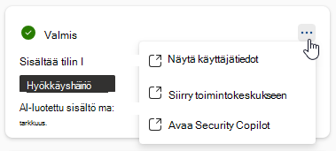 Näyttökuva, joka näyttää vaihtoehdot, jotka ovat käyttäjien käytettävissä automaatiovastauskortissa Copilot-ruudussa Microsoft Defender XDR.