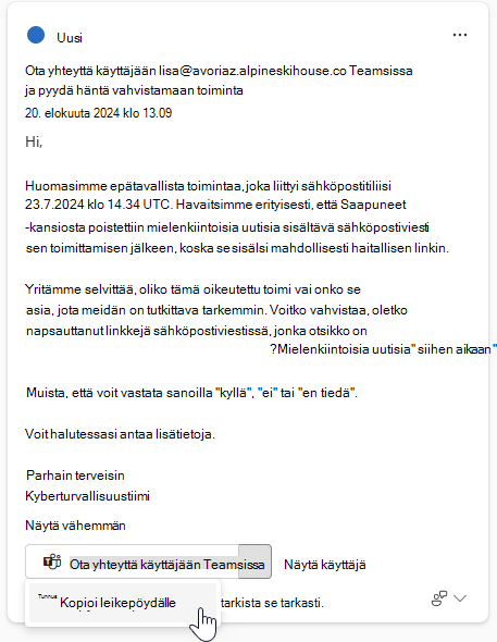 Näyttökuva, jossa näkyy ehdotettu teksti viestintää varten ohjatussa vastauskortissa.