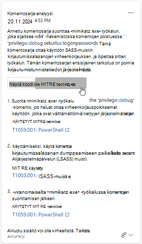 Näyttökuva, jossa korostetaan NÄYTÄ tai piilota MITRE-tekniikat -vaihtoehto komentosarja-analyysin tuloksissa.