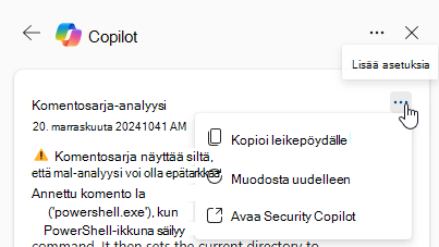 Näyttökuva, jossa näkyy Lisää toimintoja -vaihtoehto Copilot-komentosarja-analyysikortissa.