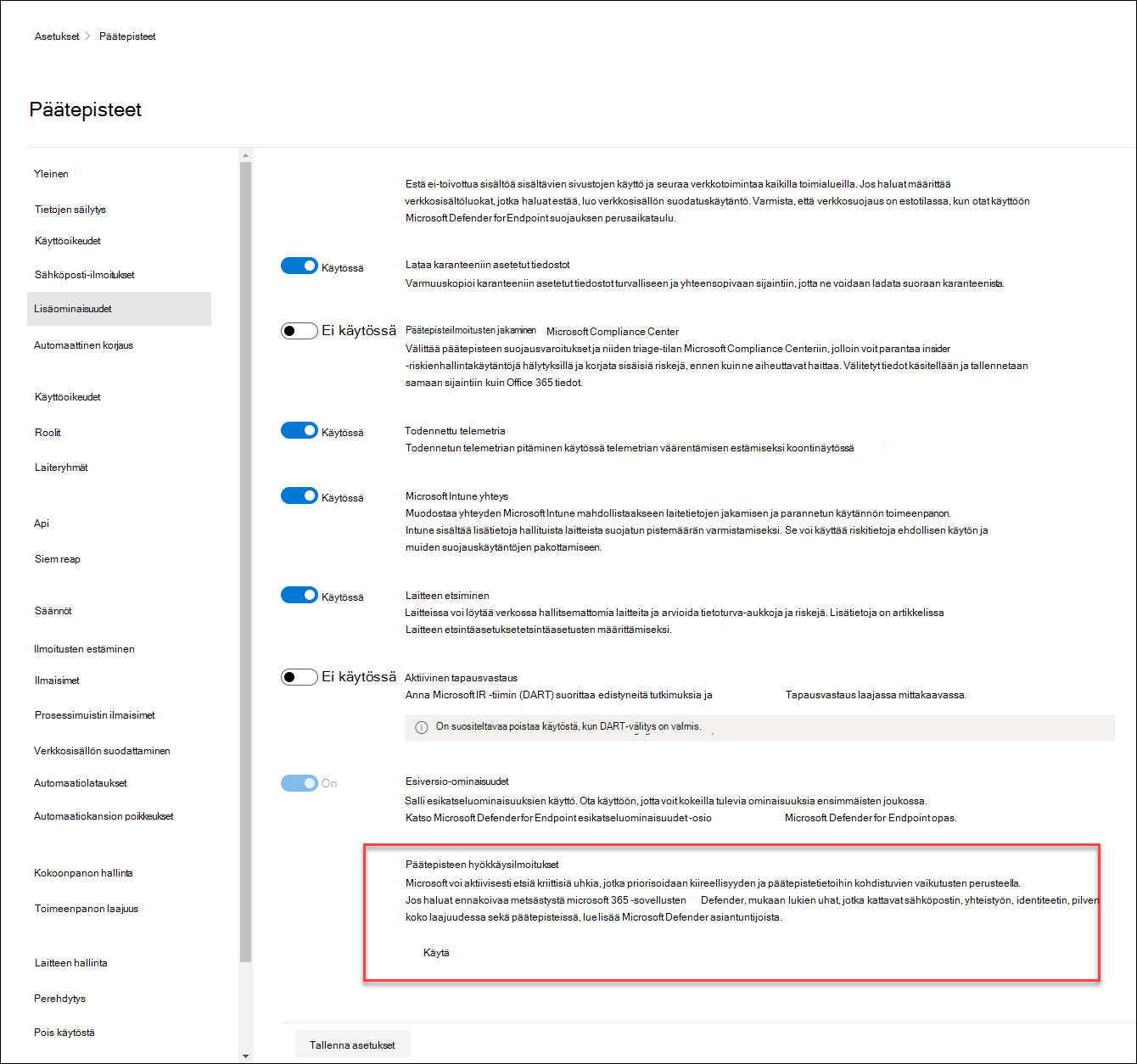 Päätepisteen hyökkäysilmoitusten ottaminen käyttöön 365 Defender Portalissa