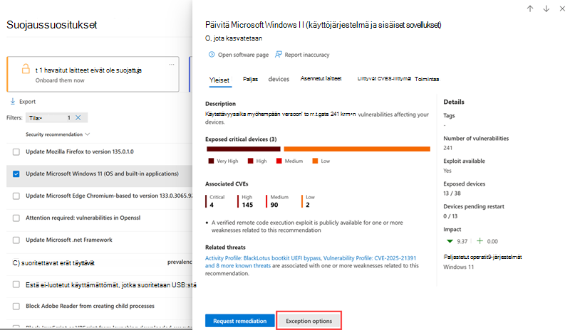 Näytetään, missä poikkeusvaihtoehdot sijaitsevat suojaussuosituksen pikaikkunassa.