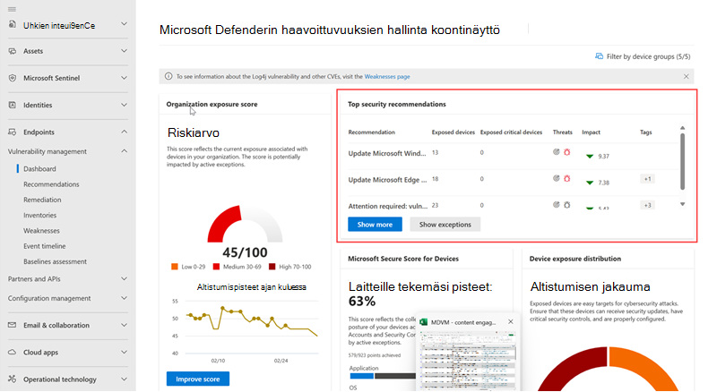 Näyttökuva haavoittuvuuden hallinnan koontinäytöstä, jossa suojaussuositukset on korostettu.