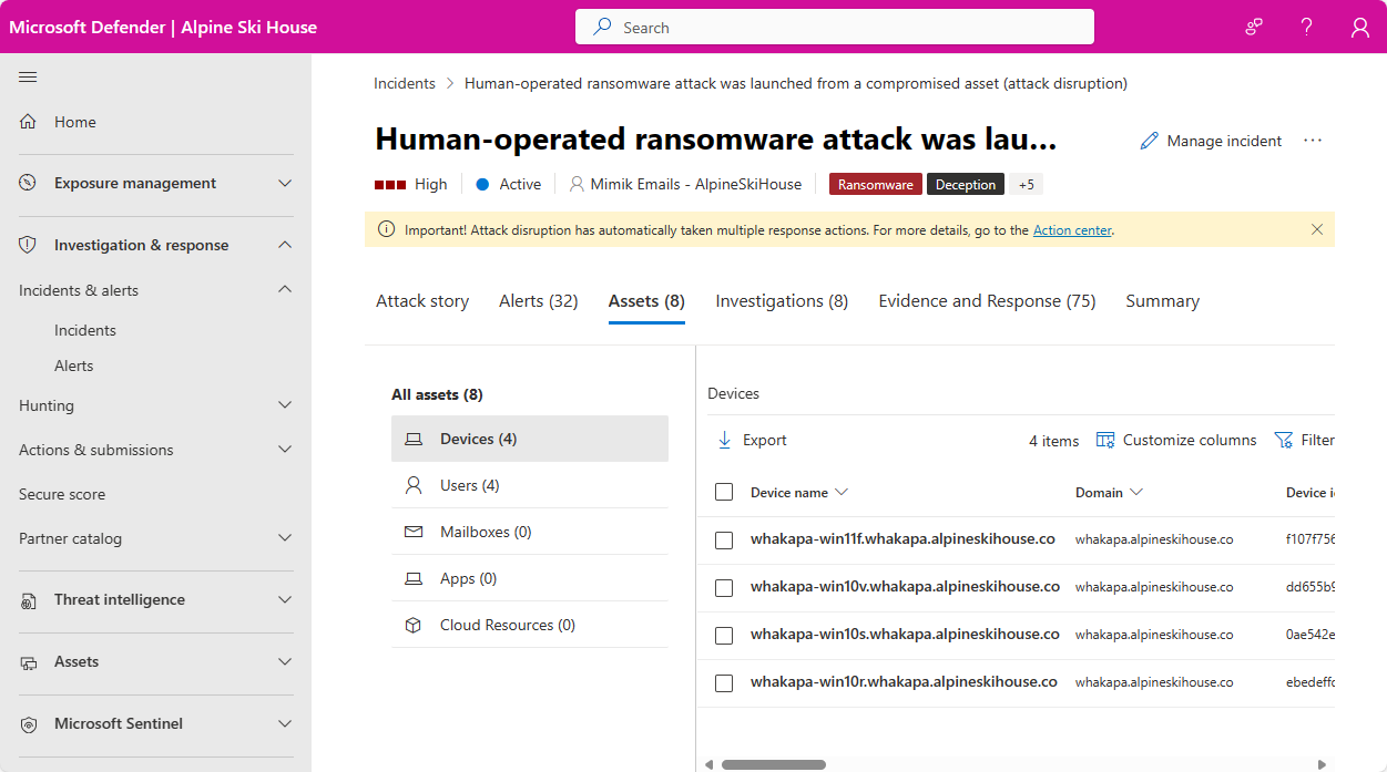 Näyttökuva tapahtuman Käyttäjät-sivusta Microsoft Defender-portaalissa.