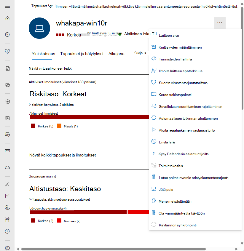 Näyttökuva laitteen entiteettisivun toimintopalkista Microsoft Defender portaalissa.