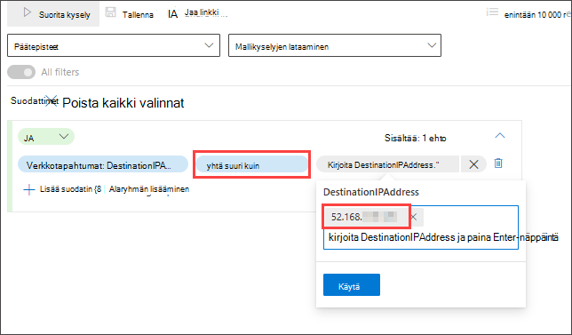 Näyttökuva ohjatun tilan kyselyn muodostimen metsästyksestä onnistuneiden yhteyksien etsimiseksi tiettyyn IP-osoite