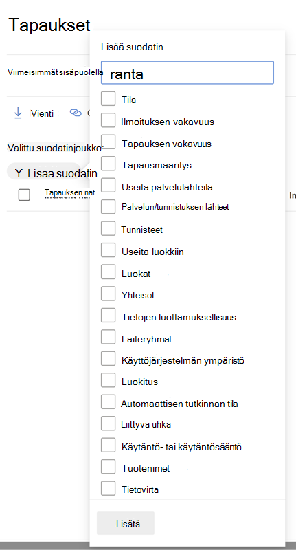 tapahtumajonon Suodattimet-ruutu Microsoft Defender portaalissa.