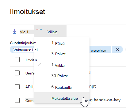 Mukautetun alueasetuksen korostaminen ilmoitusjonon päivämäärän ja kellonajan valitsimessa.