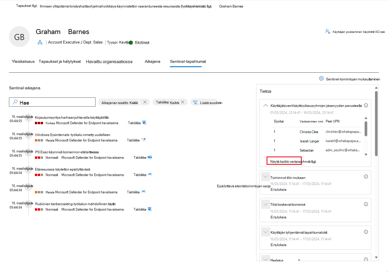 Näyttökuva käyttäjän entiteettisivun Sentinel tapahtumien välilehdestä.