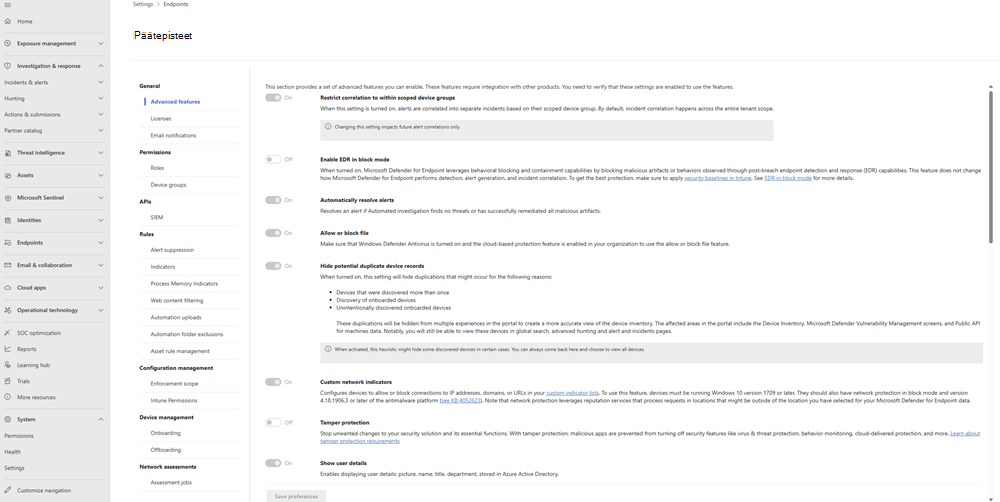 Näyttökuva Microsoft Defender portaalin Asetukset-sivusta, jossa päätepisteen asetukset on korostettu.