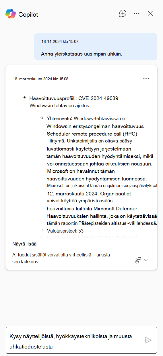 Näyttökuva, joka näyttää Copilotin luoman vastauksen Defenderissä.