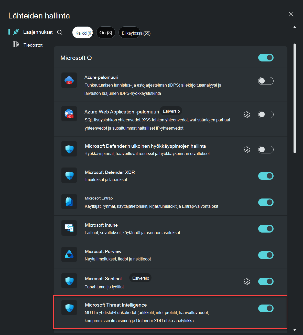 Näyttökuva Laajennuksen hallinta -ponnahdusikkunasta, jossa On korostettu Microsoft Threat Intelligence -laajennus.