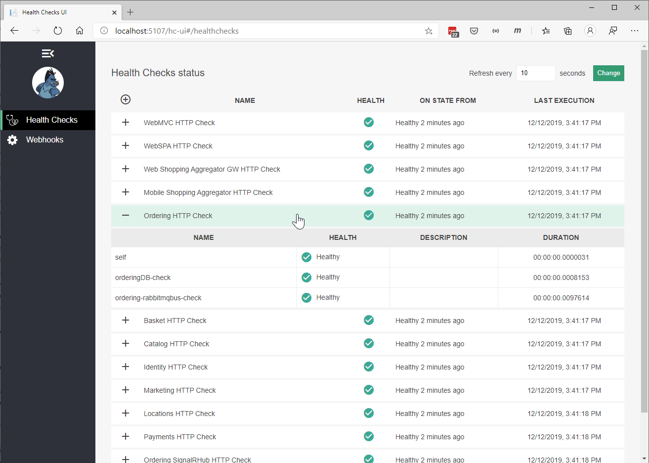 Screenshot of the Health Checks UI eShopOnContainers health statuses.