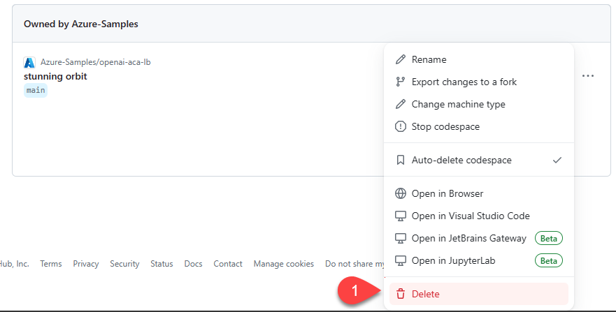 Screenshot that shows the context menu for a single codespace with the Delete option highlighted.
