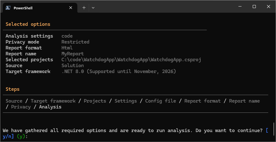 A terminal showing the summary screen of options for .NET Upgrade Assistant Global Tool. The user is asked to continue.