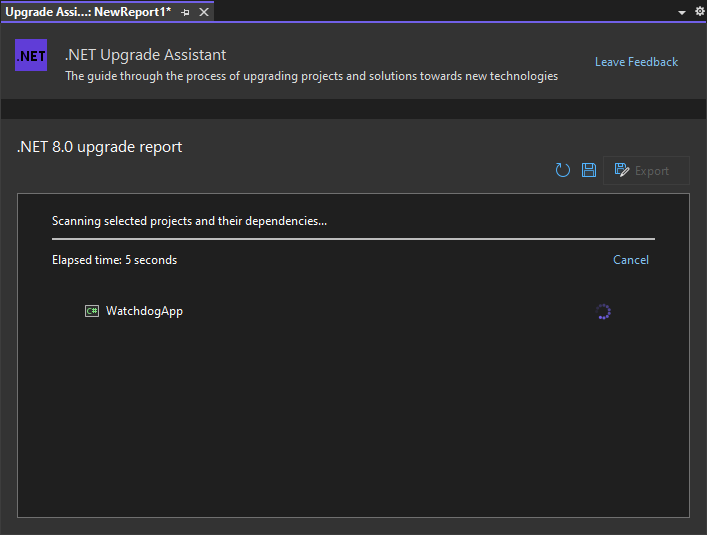 The .NET Upgrade Assistant Analyze wizard running the analysis.