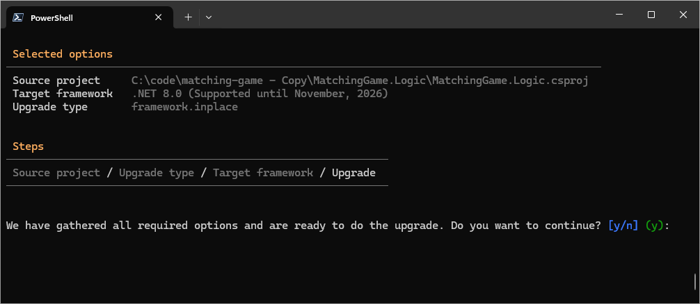 A terminal showing the summary screen of options for .NET Upgrade Assistant Global Tool. The user is asked to continue.