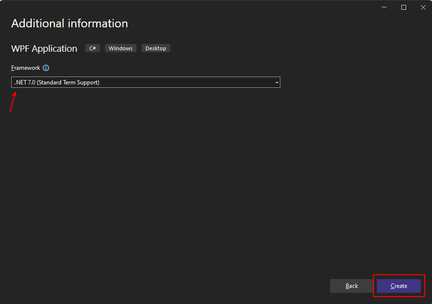 Select target framework for new WPF project in Visual Studio 2022 for .NET 7