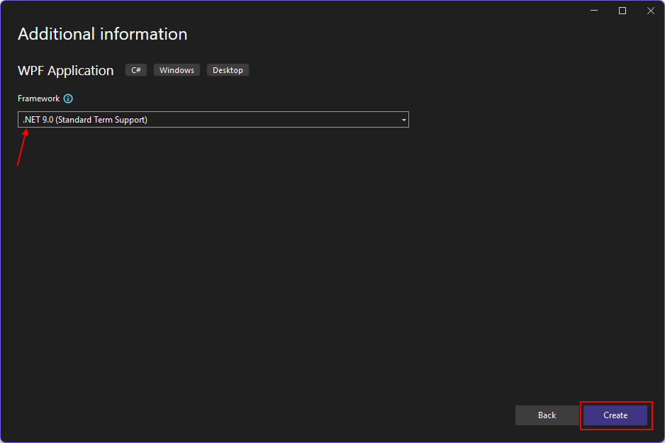 A screenshot of the 'Additional information' dialog from Visual Studio 2022. The 'Framework' dropdown box has '.NET 9.0 (Standard Term Support)' selected and highlighted with a red arrow. The 'Create' button is also highlighted with a red box.