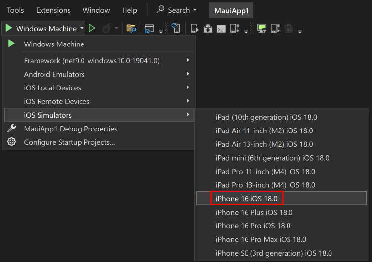 Visual Studio iOS simulators debug targets.