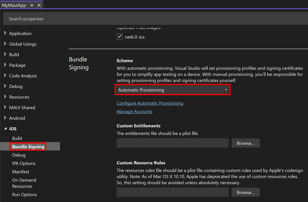 Screenshot of bundle signing tab for iOS in Visual Studio.