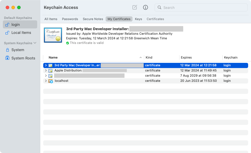 Keychain Access showing installer certificate.