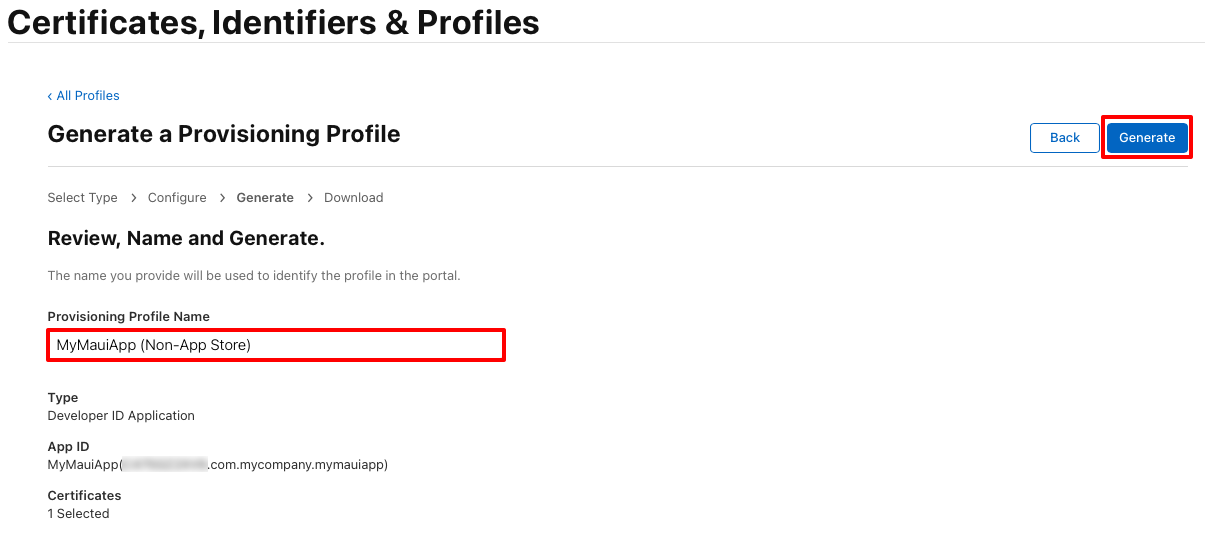 Generate the provisioning profile.