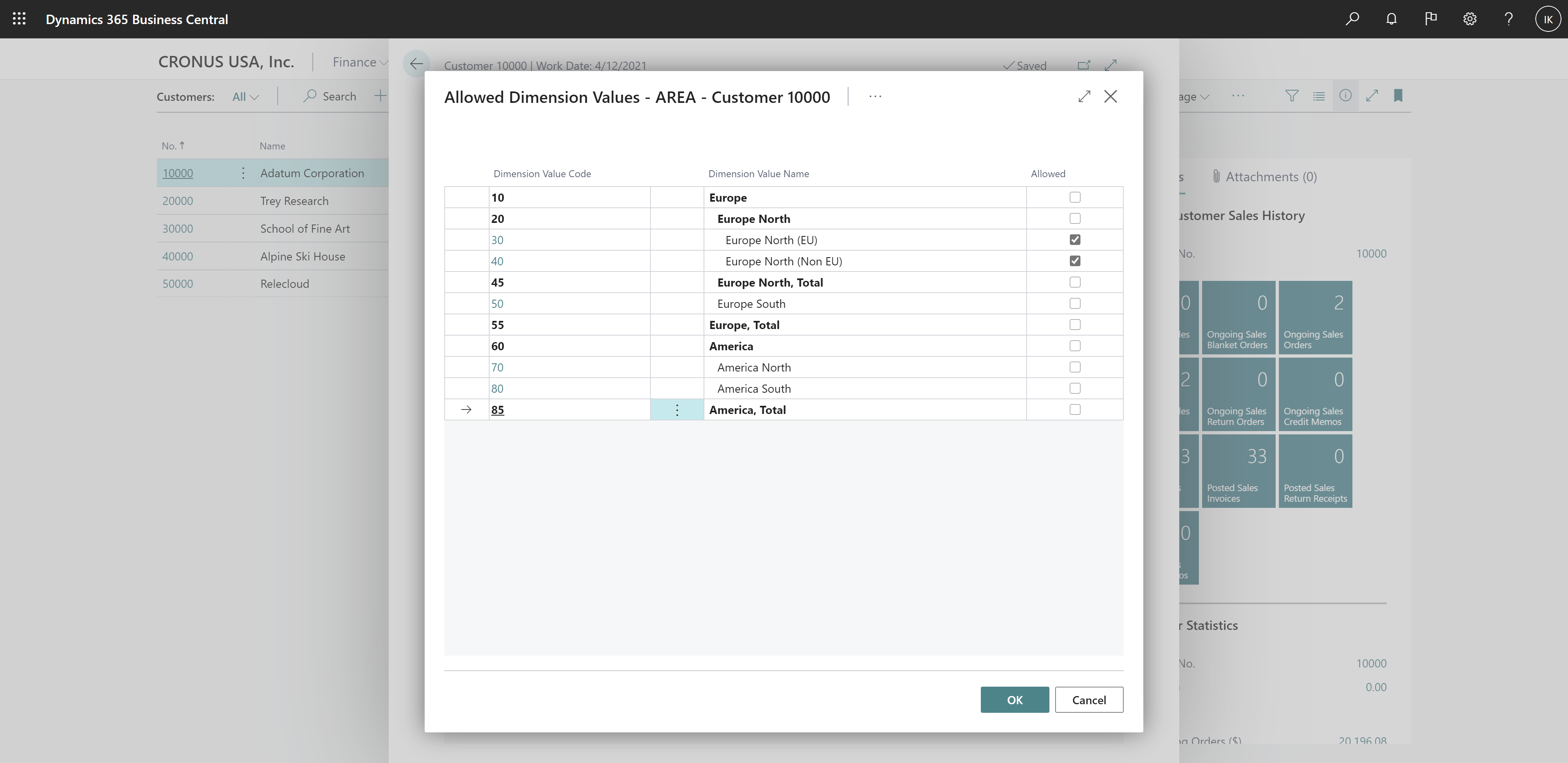 Shows Allowed Dimension Values page showing selected (allowed) dimension values