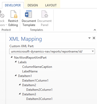 XML-määritysruudun leike Wordissa.