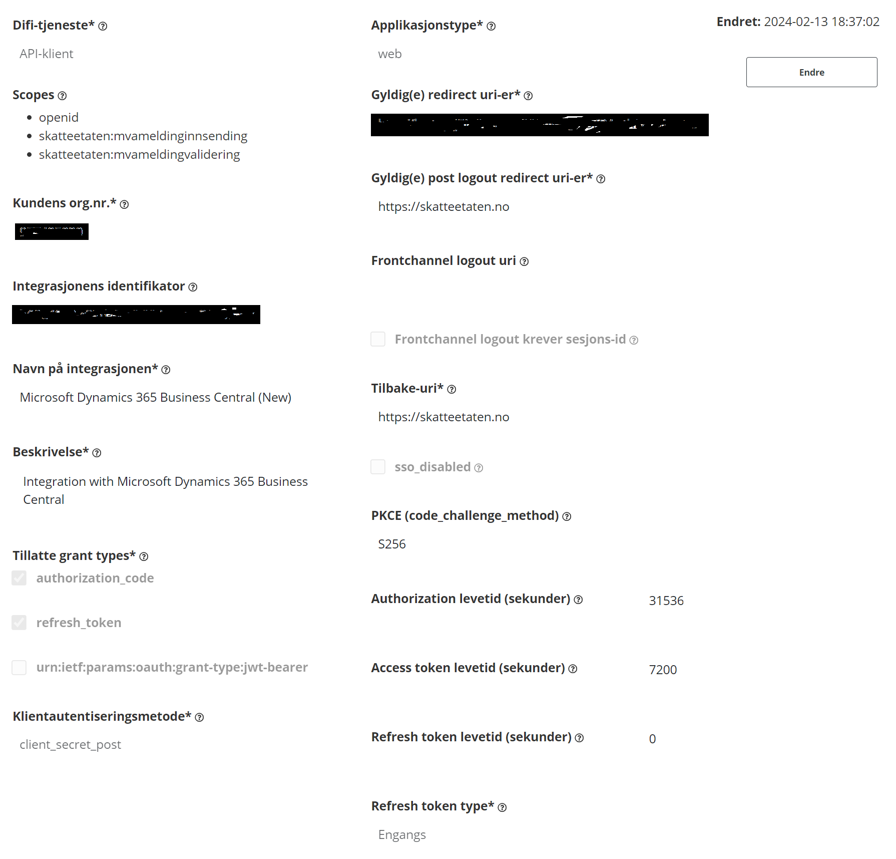 Integration point settings for Norwegian VAT