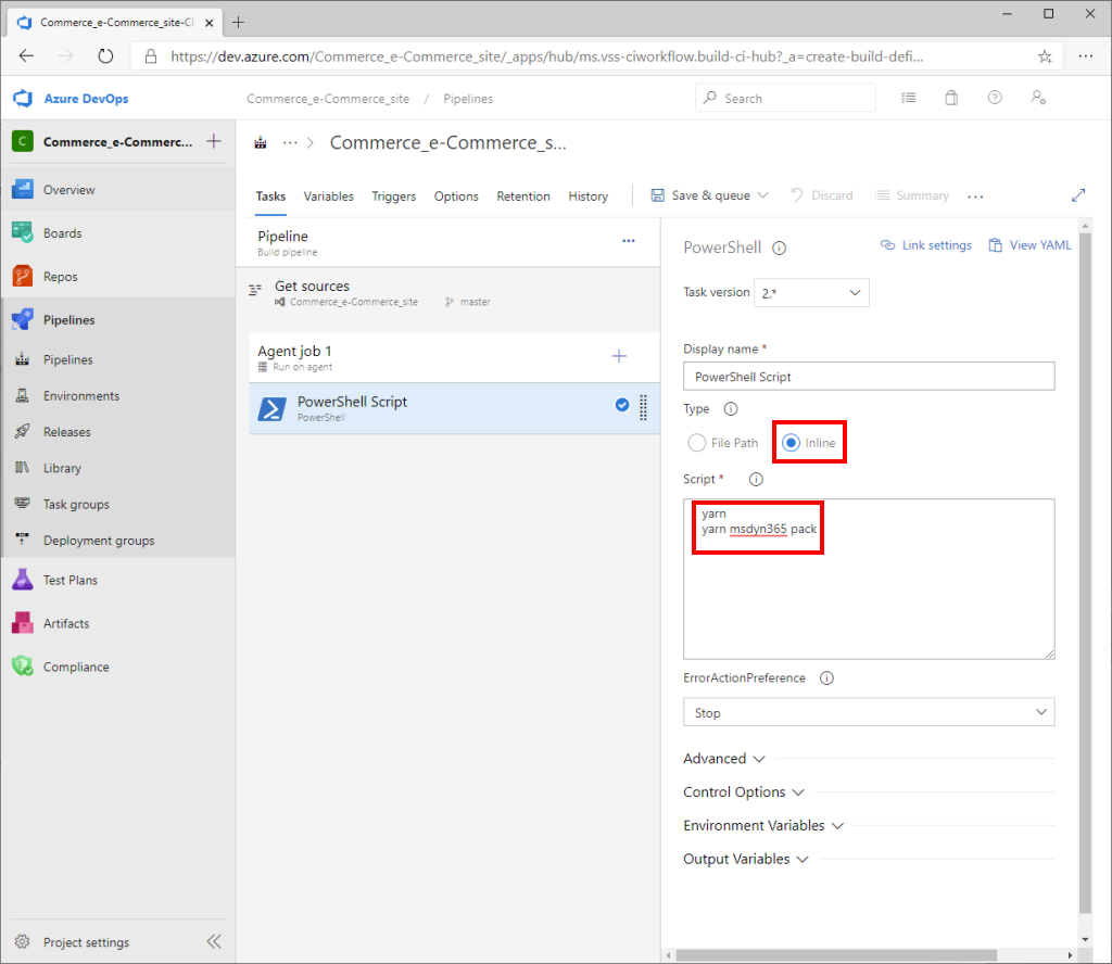 Azure DevOps "PowerShell" pane with the "Inline" option and the "Script" field value highlighted