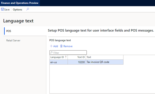 Creating a language text for a QR code receipt field.