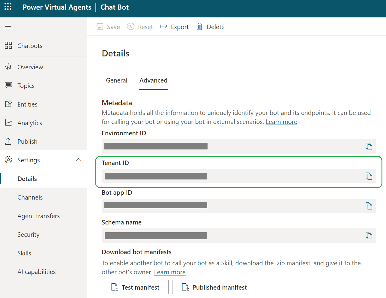 Find tenant ID of a Power Virtual Agent