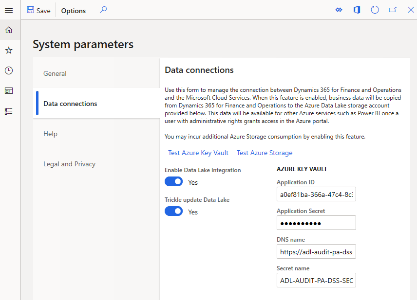 Esimerkki Azure Data Lake Storage -määrityksestä.