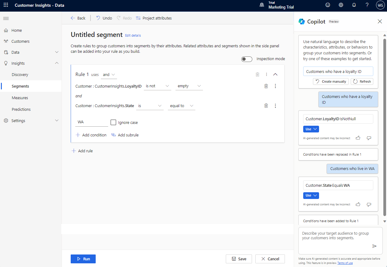 Näyttökuva Copilotin Customer Insights - Datassa luomasta segmenttisäännöstä.