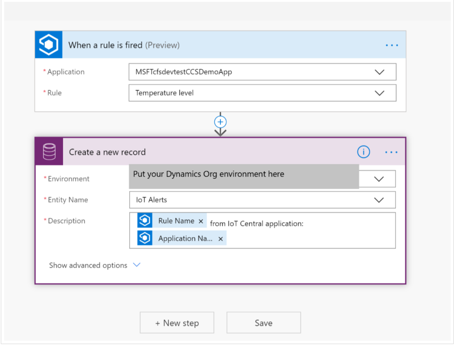 IoT Centralin ja Dynamics 365:n Flow-kenttien näyttökuva.