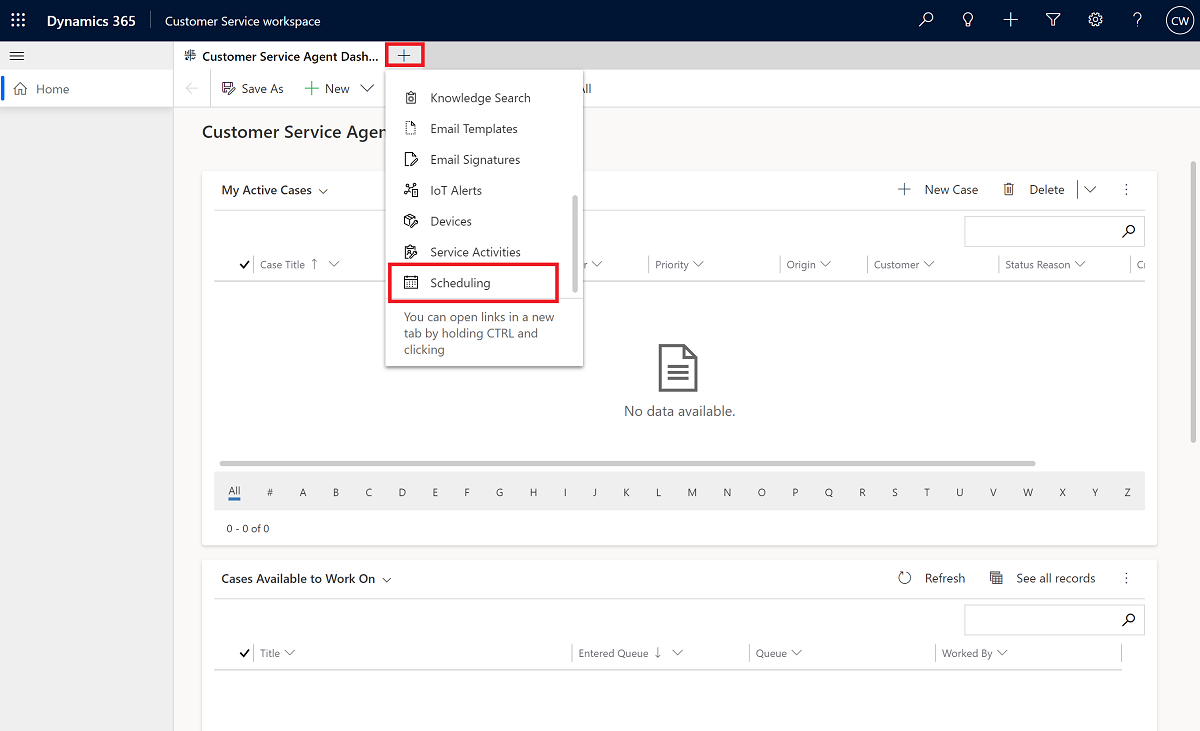 Käytä aikataulutusta Customer Service workspacesta