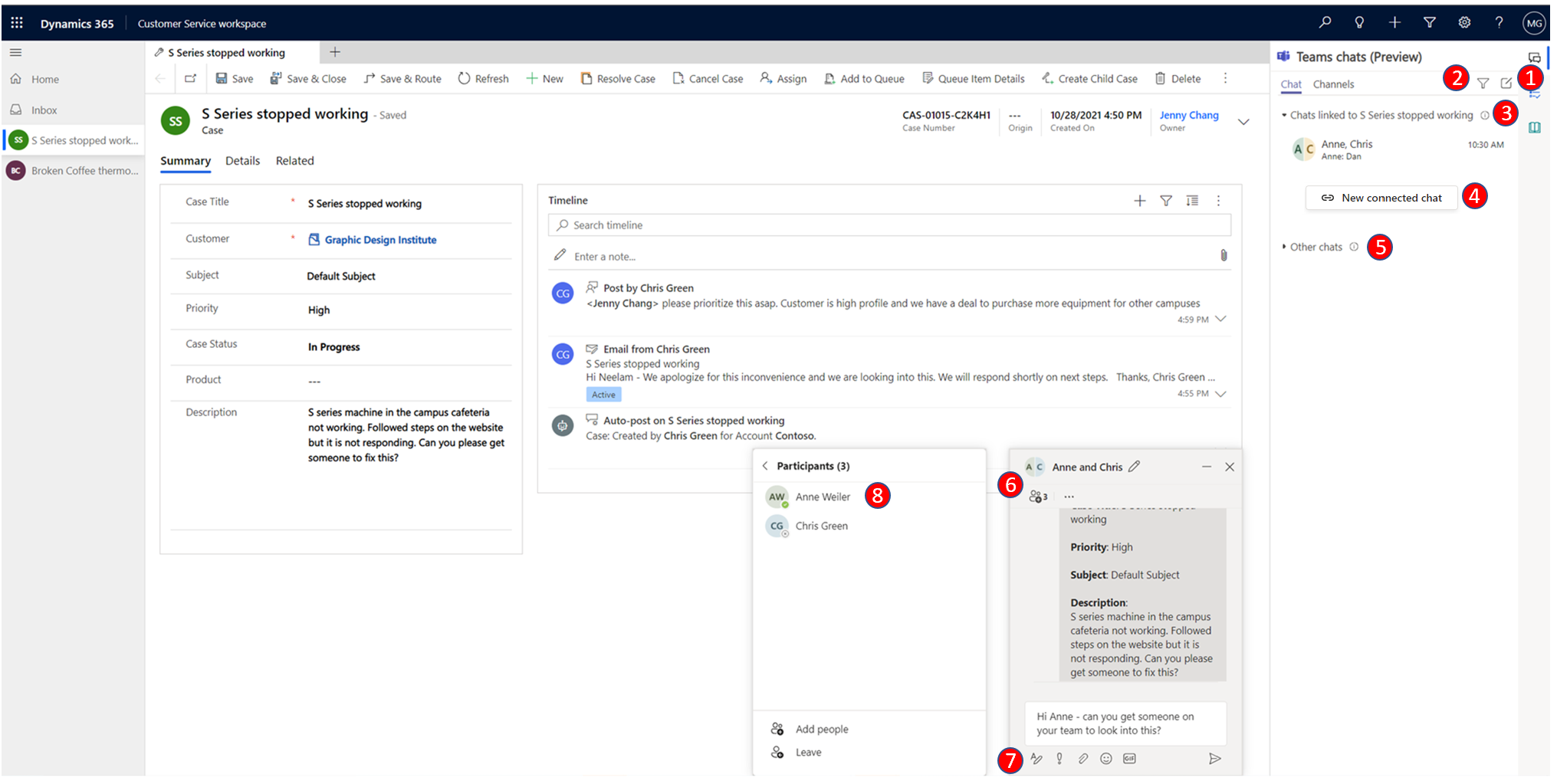 Microsoft Teams -keskustelukokemuksen asiakaspalvelijan näkymä Dynamics 365 Customer Servicessa.