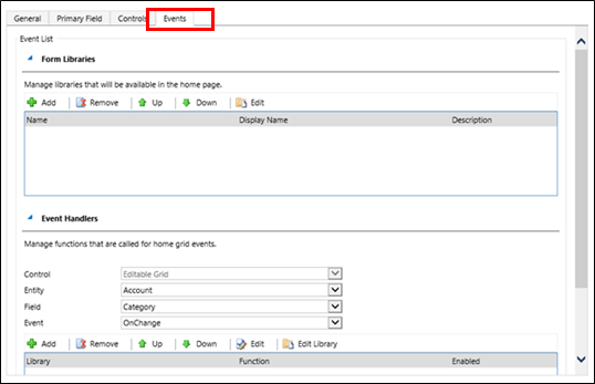 Tapahtumien lisääminen Editable Grid control -ohjausobjektissa