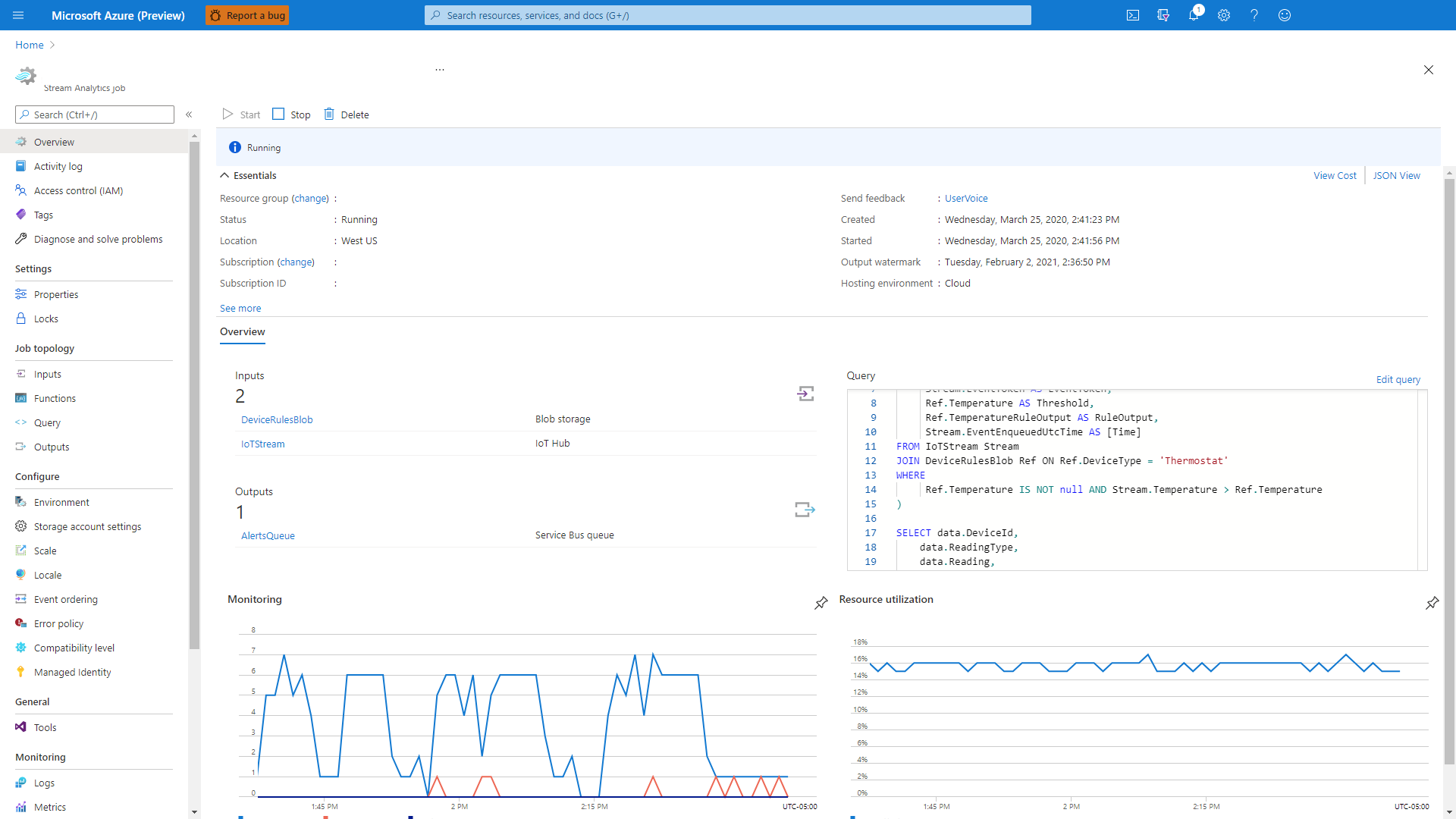 Näyttökuva Microsoft Azuresta, jossa näkyy asianmukainen resurssiryhmä ja Stream Analytics -työ.