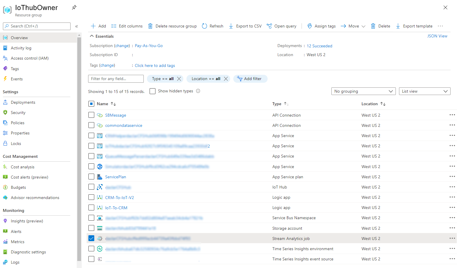 Näyttökuva Microsoft Azuresta, jossa näkyy Connected Field Service IoT -Stream Analytics.