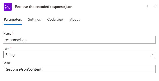 Näyttökuva Power Automate -työnkulusta. Näkyvissä on työnkulun Hae koodatun vastauksen JSON -osa.