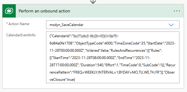 msdyn_SaveCalendar-toiminnon Power Automate -kutsu.