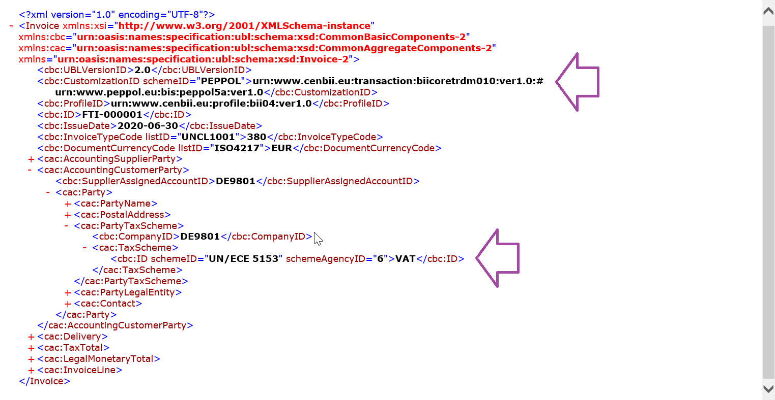 Luodun e-laskun XML-tiedoston esikatselu.