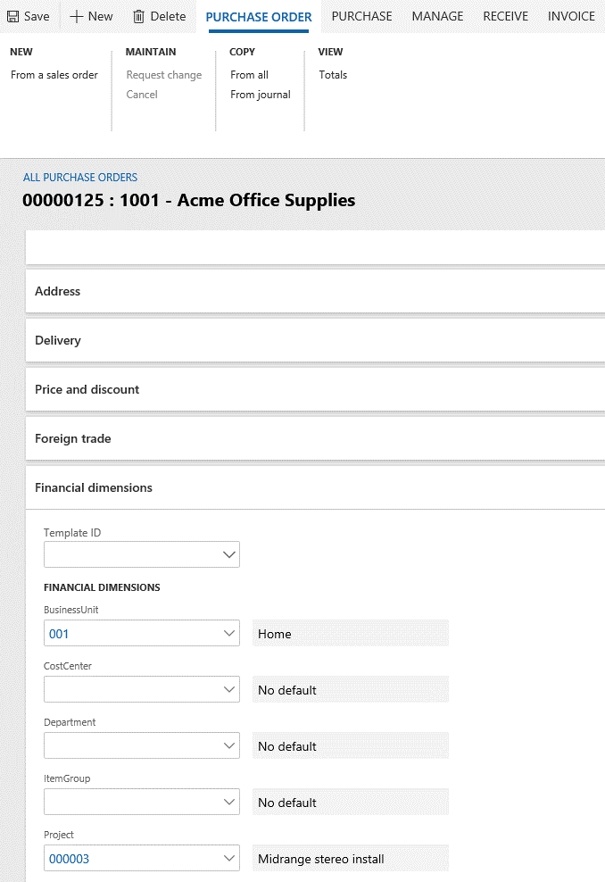 Default dimension modified by a user on a document header (purchase order).