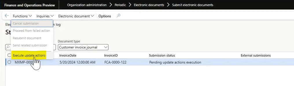 Screenshot that shows the Execute update actions function being selected on the Functions dropdown menu.