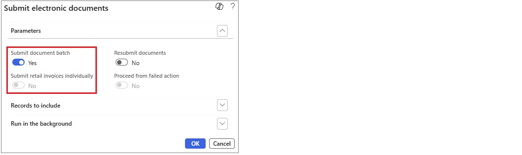 Screenshot that shows the Submit electronic documents dialog box set up for batch submission.