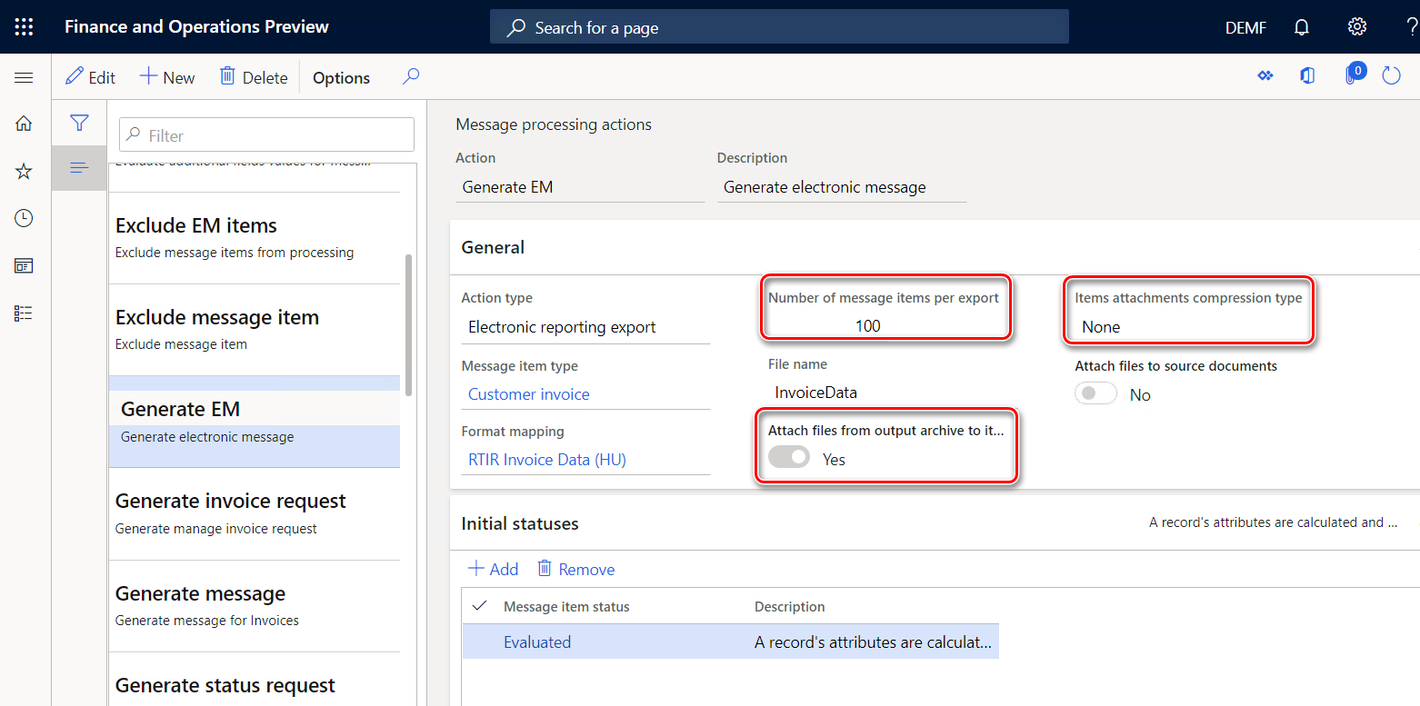 Message processing actions page, Generate EM tab.